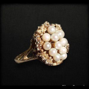 14K Yellow Gold Pearl Cluster Cocktail Ring